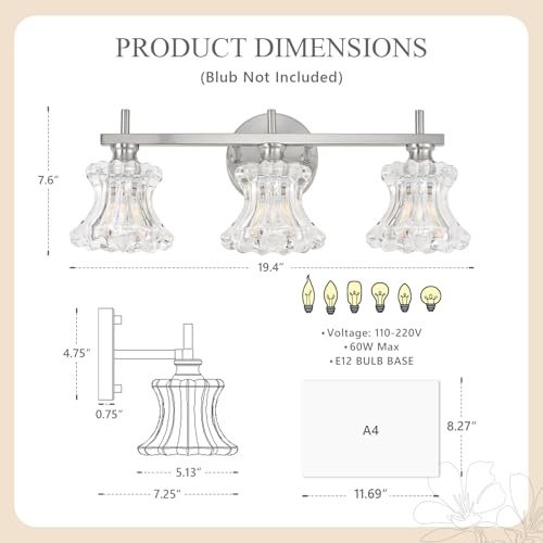 Image of Brused Nickel Bathroom Light Fixture 3-Lights Vintage Vanity Lights