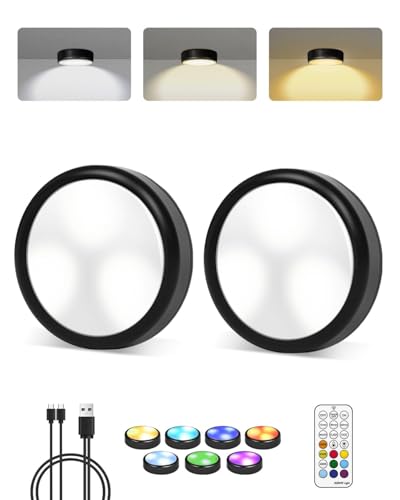 LED Spot Akku USB Aufladbar 1800mAh Aufladbar Puck Lights mit Fernbedienung 7 RGB Farben und 3000K/4500K/6000K Vitrinenbeleuchtung Langlebige Dimmbare Klebeleuchten für Schränke Küche Regale