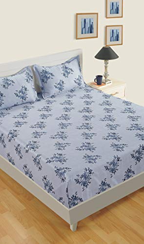 Image of Swayam Mercerized Pure Cotton Single Bedsheet with 1 Pillow Cover | Size 60 x 90 inch | 250 TC | Floral Design | Soft Breathable Bed Sheet | Comfortable & Durable for Bedroom - Blue