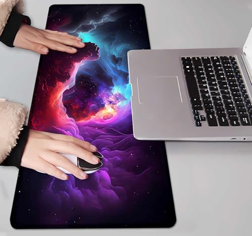 Image of IMAYONDIA Purple Blue Galaxy Nebula Desk Pad Mat, Universe Space Large Mouse Pad for Desk, Long Mousepad for Desktop, Game, Office, Computer Accessories, 31.5x11.8 Inch- Abstract Glowing Galaxy