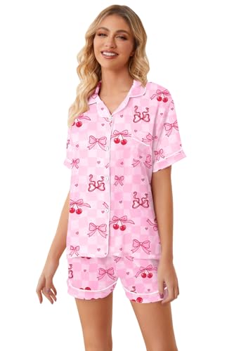 Image of Umeyda Women & Girls Pajamas Set, 2 Piece PJS Satin Silk Sleepwear Button-Down Top with Shorts for Mom Kids Gifts