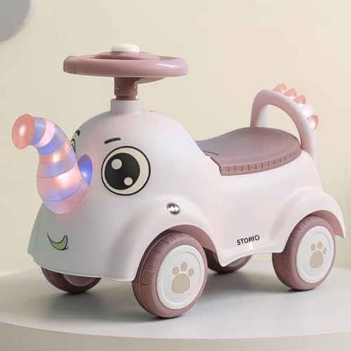 Image of Storio Elephant Baby Ride-On Car Toy with Light and Music - Brown | Push Car for Kids with Backrest & Steering, 1-3 Years