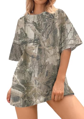 Camo Print Oversized T Shirts for Women Short Sleeve Graphic Print Crew Neck Baggy Shirts Cute Tunic Tee Tops