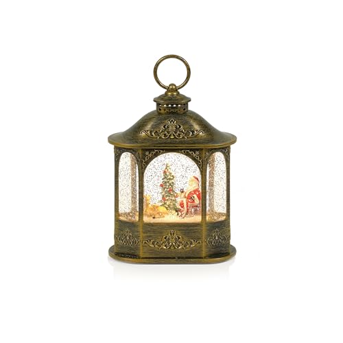 Image of Premier Santa and Tree Scene Water Spinner Lantern – 21 cm Antique Gold Christmas Decoration with Warm White LED Lights – Battery Operated Snow Effect Festive Ornament