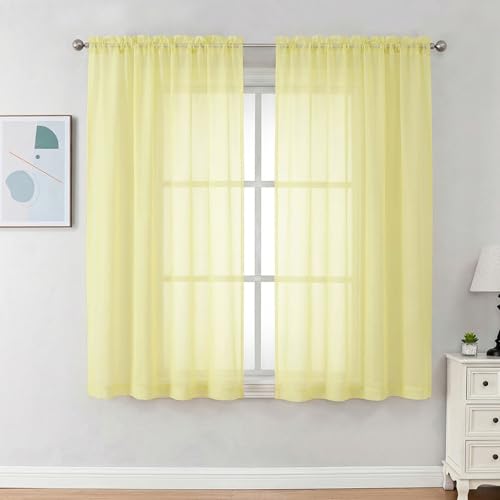 Image of Chyhomenyc Sheer Curtains 63 Inch Length 2 Panels Set - Light Filtering Rod Pocket Window Curtain Treatment Drapes for Bedroom Living Room, 42Wx63L Inch, Light Yellow