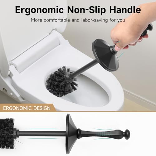 Image of Black Toilet Brush and Holder,Extra Long Handled Toilet Brush for Bathroom,Stainless Steel Heavy Duty Toilet Bowl Brush,Deep Cleaning Modern Toilet Cleaner Brush -Space Saving