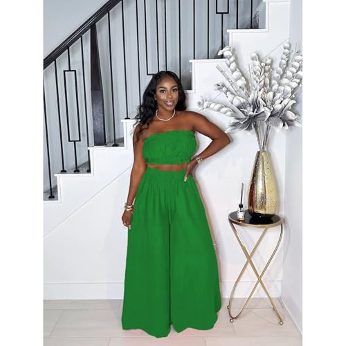 Image of Two Piece Sets for Women Summer Outfits Crop Tops and Wide Leg Pants Sets Sexy Jumpsuits Vacation Outfits with Pockets