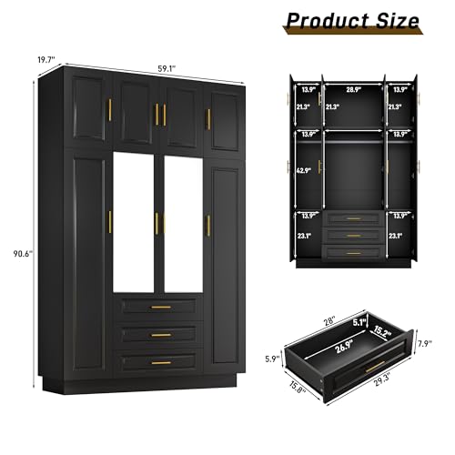 Large Armoire Wardrobe Closet Cabinet with Drawers and LED Lights, Multi-Tier Shelves, Hanging Rod, Large Capacity Storage 4 Door Wardrobe Armoire with Top Cabinet for Bedroom, Black