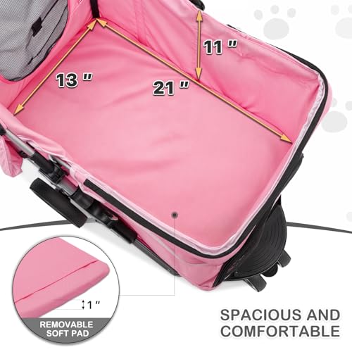Image of MoNiBloom 3-Wheels Foldable Pet Stroller with Waterproof Cover, Pet Strolling Cart for Small /Medium Dogs and Cats with Storage Basket and Cup Holder, Breathable and Visible Mesh for All-Season, Pink