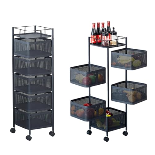 BouPower 5 Tier Rolling Cart Utility Fruit Vegetable Storage Rack Kitchen Storage Trolley with Wheels and Drawers Rotating Wire Pantry Storage Cart Rack for Fruit Snack Onion Potato Black