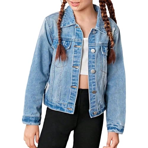 Girls Ripped Jean Jacket Front Pocket Button Long Sleeve Collared Jean Coat Retro Classic Casual School Clothes2