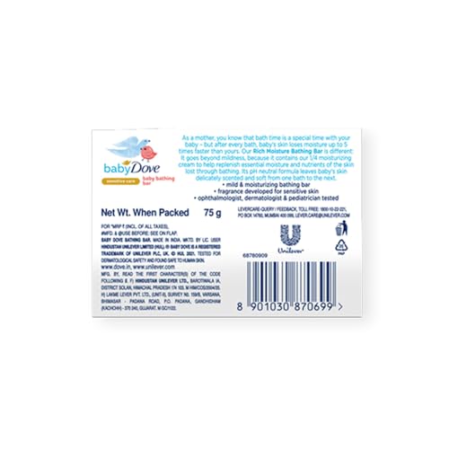 Image of Baby Dove Rich Moisture Bathing Bar, Gently Cleanse and Nourishes Skin, 75g (Pack of 4)
