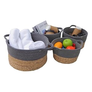 Natural Water hyacinth and cotton rope basket for shelf,Round handmade basket ,small storage basket for Living room, kitchen, office, home decor Set of 4 Natural Water hyacinth and cotton rope basket for shelfRound handmade basket small storage basket for Living room kitchen office home decor Set of 4