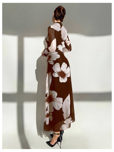 Image of Verdusa Women's Floral Wedding Guest Dress Long Sleeve Mesh Slimming Cocktail Vacation Maxi Dresses
