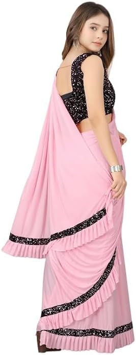 Kids Girls Lycra Blend Ready To Wear Saree With Sequence Blouse Piece (3-4 yrs to 12-13 yrs) (Baby Pink, 4-5 Years - S)