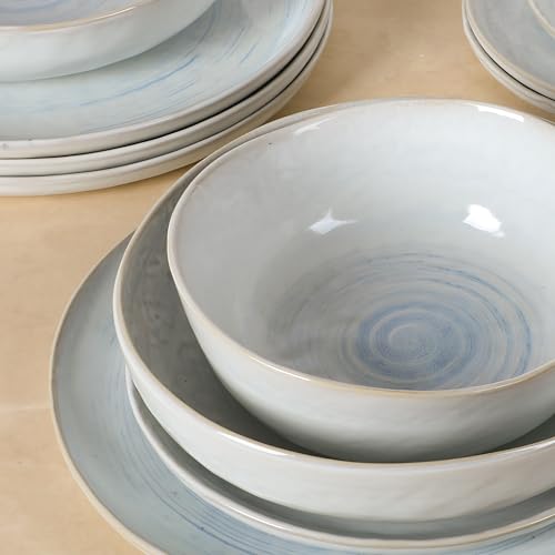 Image of Gibson Elite Auckland Blue Swirl Stoneware Reactive Glaze 16 Piece (Service for 4) Plates and Bowls Dinnerware Set
