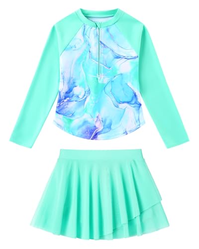 Image of Girls Rash Guard Swimsuit Long Sleeve Bathing Suits with Swim Skirt Shorts Two Piece Sun Protection Swimwear for 3-12 Years