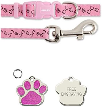 Ancol Pink Bone & Paw Small Bite Bone Puppy Small Dog Collar and Lead Set With Paw Print Shaped Glitter ID Tag