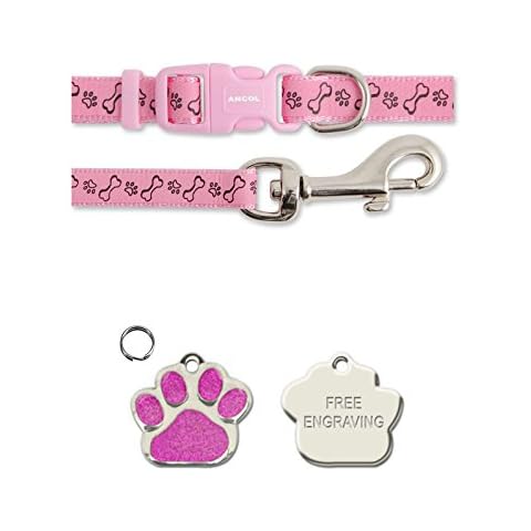 Ancol Pink Bone & Paw Small Bite Bone Puppy Small Dog Collar and Lead Set With Paw Print Shaped Glitter ID Tag Cover