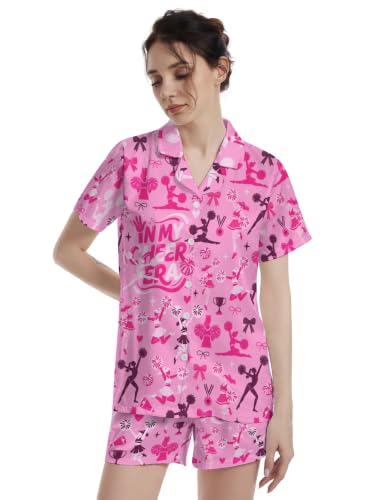 Image of Funny Pajamas for Women Set Print Satin Loungewear Pjs Short Sleeve Button Down Top and Shorts Sets Sleepwear XS-3XL