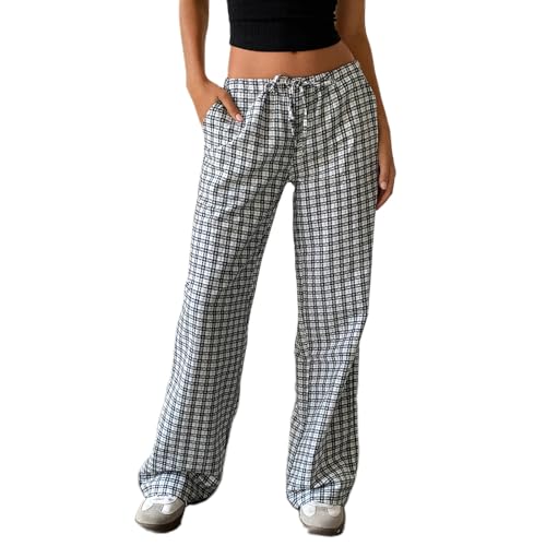 HOXIJIA Women Casual Striped Print Long Pants Elastic High Waist Loose Fit Straight Wide Leg Trousers Y2K Streetwear