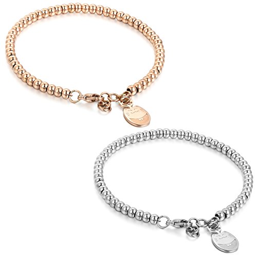 Flongo BFF Armband Armkette Freundschaftsketten, 2 Stück Edelstahl Armband Armreifen Armkette Silber Rose Gold Kugel Kette Perle Perlen Glückliche Katze Kätzchen Elegant Herren,Damen Set