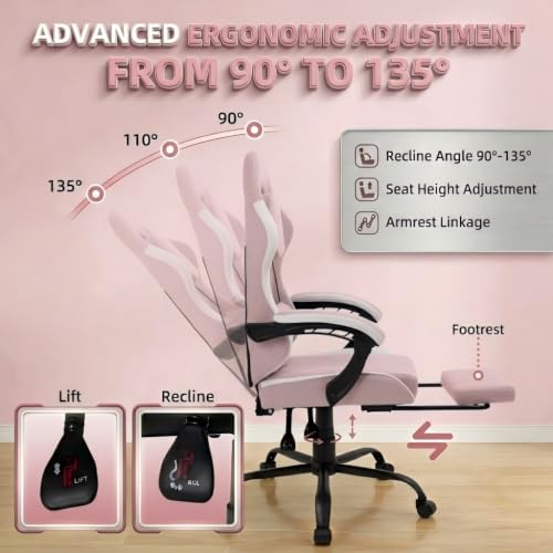 Image of Video Gaming Chair, Ergonomic Office Chair with Footrest, Lumbar Support and Linkage Armrests, Swive Home Video Game Chairs for Adults, Pink