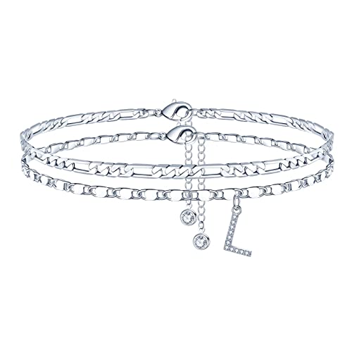 Image of Ursteel Ankle Bracelets for Women, 14K-Gold-Plated Dainty Layered Chain CZ Initial Anklets Set Summer Jewelry Gifts for Women