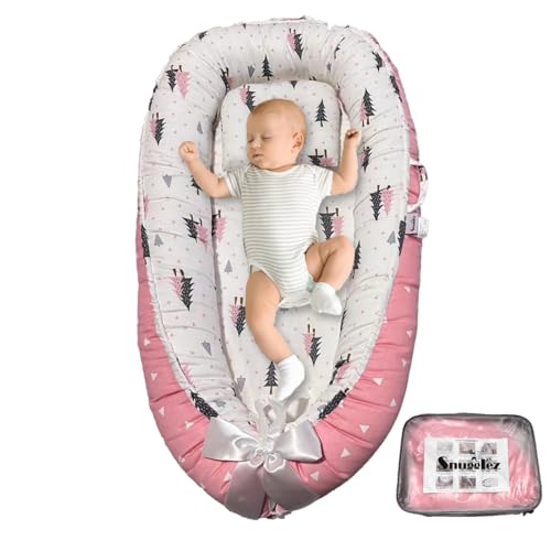 Image of Snugglez Baby Lounger Pillow for Newborn 0-24 Months, 100% Breathable Cotton Baby nest, Reversible co Sleeper for Baby in Bed, Portable Infant Lounger, Newborn Essentials Must Haves - Pink