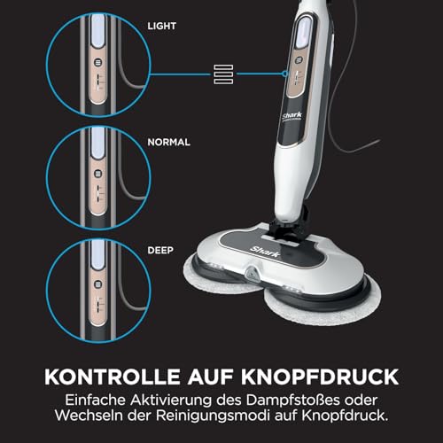 Shark Dampfreiniger, automatischer Dampfbesen mit Steam Blaster, 2 rotierende Power Pads, 3 Dampfstufen, desinfiziert, entfernt Flecken und Schmutz, für versiegelte Hartböden, weiß und grau S8201EU