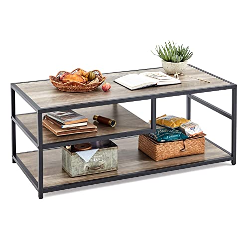 LINSY HOME Coffee Table 43”, 3-Tier Coffee Table with Storage, Wood Coffee Tables for Living Room Balcony Office, Rectangle Wood TV Stand Side End Table, Easy Assembly