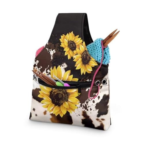 Image of KUIFORTI Sunflower Yarn Storage Bag Organizer Cow Print Crochet Tote Bag Portable Knitting Bags for Women Crochet Bags Small Size