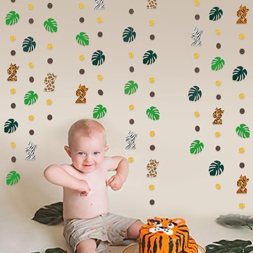 Image of Two Wild Birthday Party Decorations Brown Gold Circle Dot Palm Leaf Jungle Theme Garland 2 Year Old Bday Palm Leaf Dots Streamer for Safari Animal Welcome 2 the Jungle Happy Birthday Party Supplies