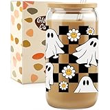 HBESTIE Halloween Ghost Cup, Spooky Mug, 16 oz Tumbler Glass Cups with Lids and Straws - Spooky Iced Coffee Cup Smoothie Cup, Cute Halloween Gifts for Women, Kids, Teens, Boys, Girls