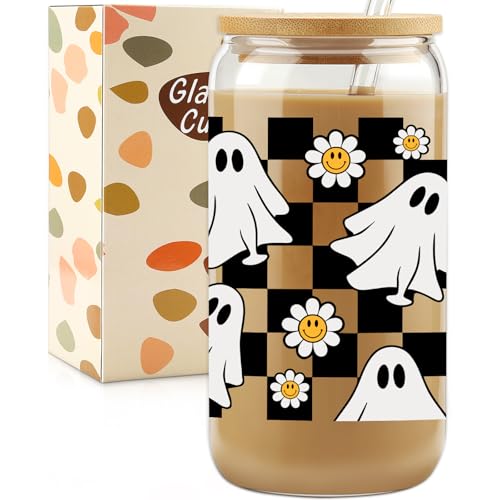 HBESTIE Halloween Ghost Cup, Spooky Mug, 16 oz Tumbler Glass Cups with Lids and Straws - Spooky Iced Coffee Cup Smoothie Cup, Cute Halloween Gifts for Women, Kids, Teens, Boys, Girls