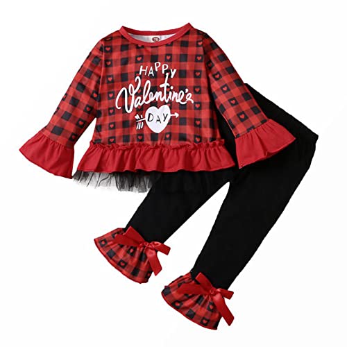 Image of Toddler Baby Girl Valentine's Day Clothes Set Plaid Heart T-Shirts Tees Pullover Shirts Tops+Flare Pants Outfits Set