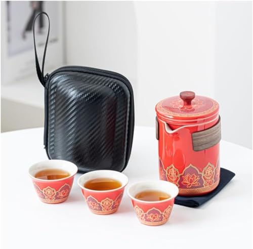 番茶器セット マルチ ティーセット 陶磁茶具セット 陶器 ティーポット ティーカップ 急須 湯呑みセット 旅行 収納バッグ付き 和風急須 エレガントデザイン (レッド)