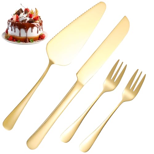 WZHHDM Cake Knife and Server Set, 4pcs Wedding Cake Knife and Server Set, Gold and Cake Cutting Gold Include Stainless Steel Cake Cutter for Wedding Christmas (Golden)