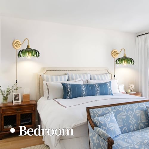 Image of ZECOXOL Vintage Plug in Wall Sconces Set of Two,Dimmable Wall Sconces Lamp with Plug in Cord & Flower Glass Lampshade,Gold Sconces Wall Decor Set of 2 Plug in Wall Lights Sconces for Bedroom