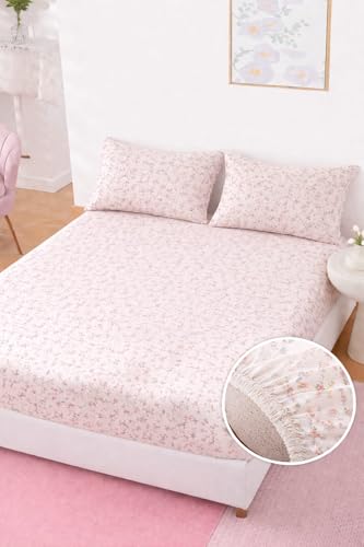 Image of All Season Comfort Elastic King Size Fitted bedsheets with 2 Pillow Cover |King Size bedsheets Glace Cotton |Fitted bedsheet Cotton King 72 x 78 inche Wrinkle Free Bedsheet, Beige Flower