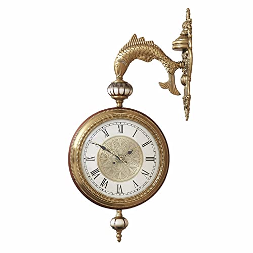 HUIBBGO Lujoso reloj de pared de metal de doble cara, giratorio 3D, reloj de pared vintage, silencioso, sin tictac, carcasa de madera maciza, para colgar en la pared, decoración del hogar y la sala de