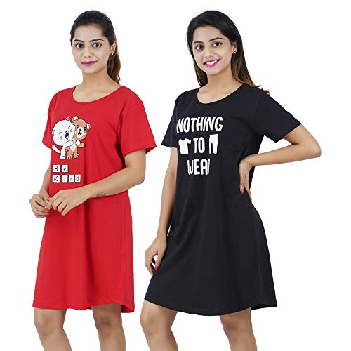 Image of Buy That Trendz Women's Long Tshirt Cotton Graphic Printed Knee Length Short Night Dress (Pack of 2)