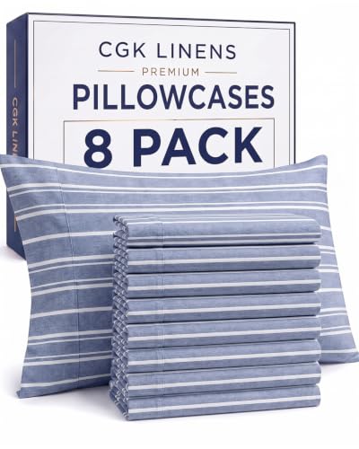 King Pillow Cases - 8 Pack Pillowcase Covers - 20" x 40" (Blue Stripes)