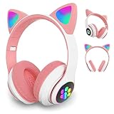 Auriculares con Orejas de Gato Lindo,Cascos Bluetooth Inalámbricos, Auditiva Límite de 85DB, Sonido Estéreo, con Micrófono, Micro SD, Plegable, Estuche Cascos para Movil, Tablet,PC (Blanco Rosa)