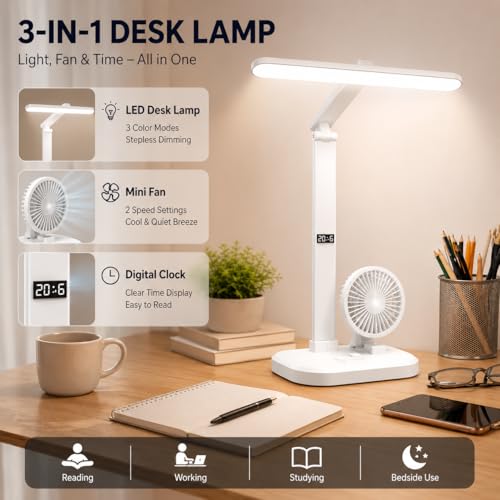 Image of One94Store BreezeGlow Pro Design Rechargeable LED Table Lamp with Fan | Touch Control Desk Light | 2400mAh Battery | Adjustable Brightness & Color Temperature | USB Powered | ABS Material | White