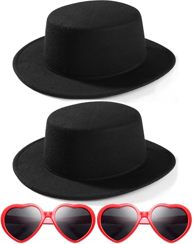 SpareCruise 2 PACK Fashion Classic Black Fedora Hats + Red Heart Sunglasses Costume Outfit - Flat Wide Brim Church Cap Jazz Hat,for Adult