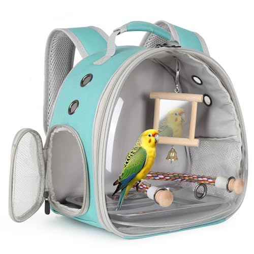 Image of Parrot Travel Carrier Bubble Window Backpack with Mirror Standing Toy,Portable Parrot Cage Backpack with Bird Stand Perch, Pet Travel Bag for Cockatiels, Love Bird,Small Birds