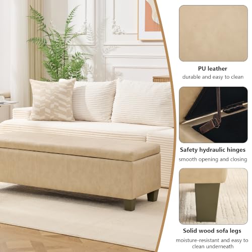 Image of 51 Inch Storage Ottoman, Storage Bench with Safety Hinge, Upholstered Synthetic Leather Ottoman Bench for Bedroom, Living Room, Entryway, Hallway, Foot Rest, Support 500lbs