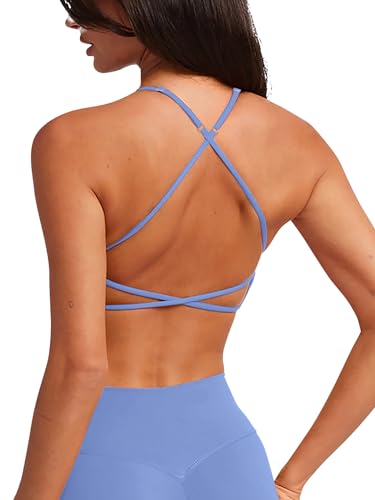 LASLULU Womens Double Lined Criss Cross Sports Bra Sexy Adjustable Spaghetti Straps Wireless Workout Bralettes No Padding