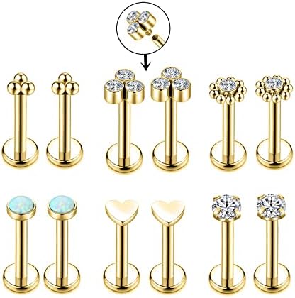 Yjbglrygf 16G Labret Studs 12 Pcs Tragus Earrings of Body Piercing Jewelry with Opal Zircon Lip Rings Helix Earring Studs in 6 Style (1.2mm*8mm, gold)